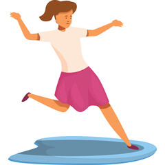 Energetic young woman with brown hair wearing a white t-shirt and pink skirt running across a blue puddle in a dynamic pose under soft lighting