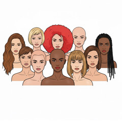 Multiethnic women. A group of beautiful women with different beauty, hair color, and skin tone. Concepts of women, femininity, diversity, independence, and equality. Vector illustration.
