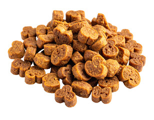 Piled, heart-shaped, light-brown dry food bits form a heap on black