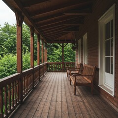 Obraz premium A beautifully designed wooden veranda offers a sheltered outdoor space, featuring ornate railings and comfortable seating under a protective roof ,cozy ,shelter ,residential