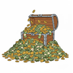 Treasure chest vector icon illustration, treasure box. Treasure containing many gold coins and banknotes with various denominations.