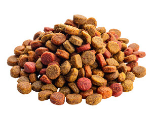 Piled pet kibble small, round brown, red, and tan pellets form a textured mound against a solid black background