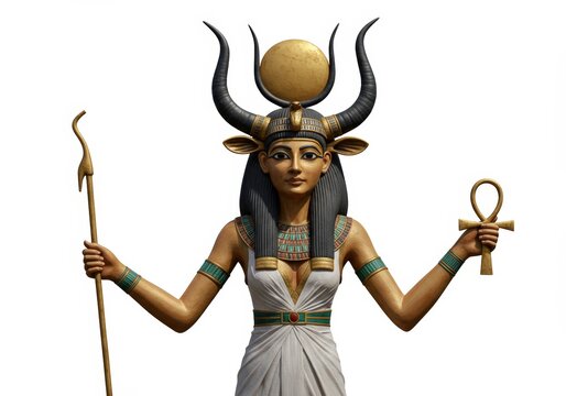Egyptian Goddess Hathor Holding Sistrum and Ankh Isolated on White Background