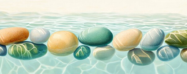 Naklejka premium Colorful pebbles submerged in soothing water, reflecting light beautifully.