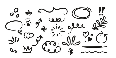 star with marker stroke pencil highlight, Doodle sketch heart, star, cloud cartoon sticker shapes