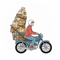 A man on his motorbike carries many packages piled behind him. Vector illustration of a logistics advertising banner.