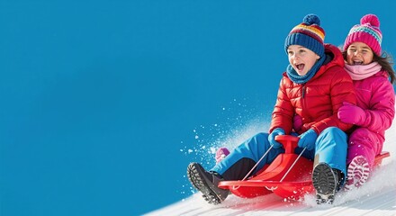 Happy children sledding down a snowy hill. Excited boy and girl having fun on a sled in winter. Outdoor activity with copy space