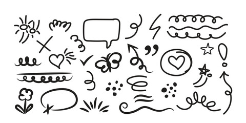 star with marker stroke pencil highlight, Doodle sketch heart, star, cloud cartoon sticker shapes
