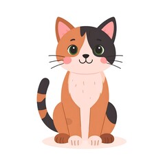 Obraz premium Cartoon-style cat with tri-color fur, big eyes, and whiskers