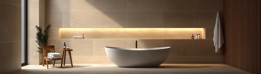 Modern bathroom with a sleek tub, stylish lighting, and serene ambiance for relaxation.