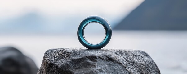 A modern ring resting on a rock with a serene natural background.