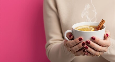 Woman's hands holding a hot cup of tea with lemon and cinnamon. Cozy winter drink for comfort and warmth on a pink background with copy space