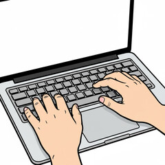 Hands working on a laptop keyboard with a blank monitor screen on a desk. Workplace at home. Vector illustration.