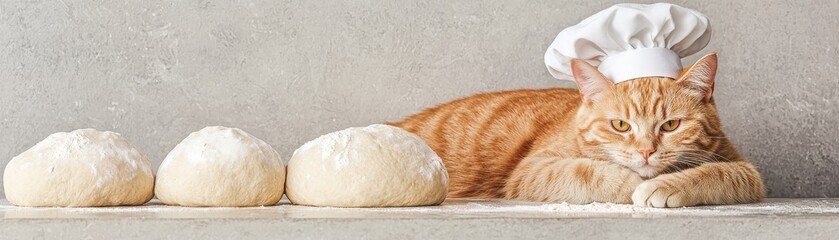 A playful cat wears a chef hat, surrounded by dough on a kitchen countertop.