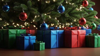 Festive Christmas Tree Adorned with Ornaments and Surrounded by Wrapped Gifts