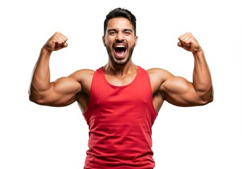 Triumphant man flexing biceps with empowered expression on white backdrop