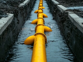 A yellow pipe laid in a trench, surrounded by mud and water, showcasing industrial work.