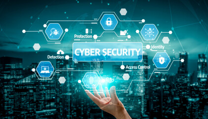 Futuristic Cyber Security Concept with Digital Icons and Symbols Illustrating Protection, Identity, and Access Control in Urban Setting. Tessel.
