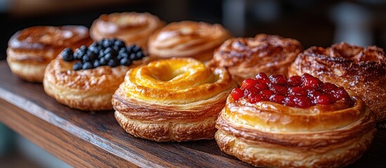 Delicious pastries with various fruit toppings on wooden board.
