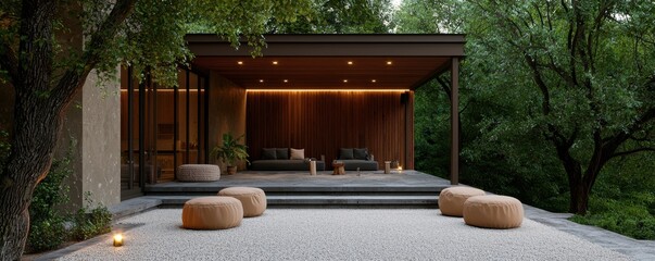 Modern outdoor patio with cozy seating surrounded by nature's tranquility and greenery.