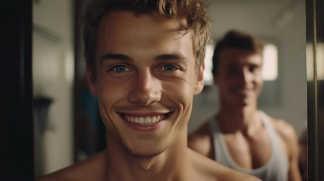 A beaming young male with blue eyes and light skin.