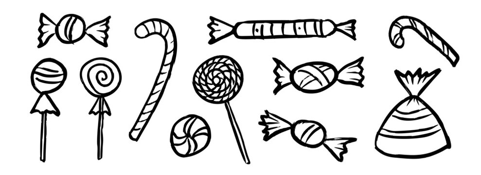 Hand drawn candy doodle set. Sketched wrapped sweets collection with candy canes, lollipops, mints. Festive decoration for birthday party, Halloween, Christmas holiday. Vector sweet wrapper pack