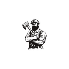 Bold vintage engraving illustration of a strong, bearded man wearing a captain's or sailor's cap and suspenders, holding an axe with his arms crossed