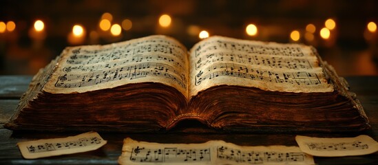 Antique music book open on wooden table with candlelight.