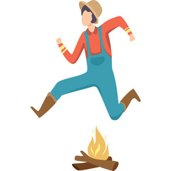 Farmer Jumping Over Campfire Wearing Blue Overalls Red Shirt Brown Boots And Straw Hat In A Dynamic Pose With Transparent Background