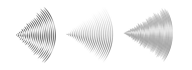 Fototapeta na wymiar Dotted and line sound wave signal set. Radial radio and music audio icon collection. Rippled radar vibration element sign bundle. Black curved impulse lines pack. Echo soundwave symbols. Vector