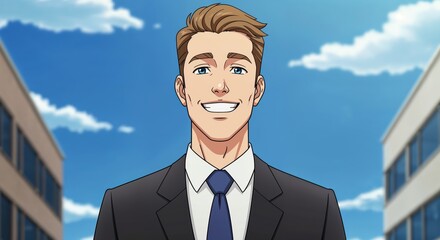 Fototapeta premium Successful Professional Portrait: A distinguished man in a professional suit and tie stands proudly, exuding confidence against a bright, clear sky, symbolizing leadership, aspiration, and success.