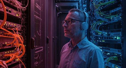 Data Center Professional: A focused technician with headphones, immersed in the complexities of a server room, meticulously examining network equipment in a state-of-the-art data center.