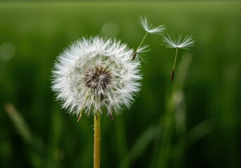 Fototapeta premium A close-up of a white dandelion head releasing parachutes into a sunny summer breeze across a green field ,daylight ,head ,meadow
