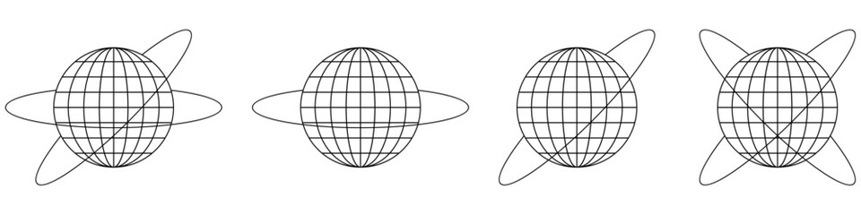 Set Y2K planet wire ball and ring vector for late 90s, early 2000s, and cyber aesthetics. A collection of futuristic, low-poly globe elements