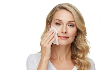 Fototapeta premium Attractive Woman Removing Makeup With Cleansing Cloth for Skincare Routine