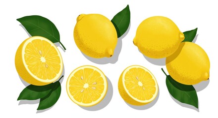 Fototapeta premium Zesty Citrus Delights: A vibrant array of ripe lemons, some halved, and with fresh green leaves. This image captures the essence of refreshment and healthy living.