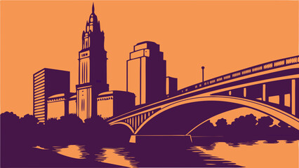 Columbus and cleveland skylines vector art with bridge over water. Great for travel websites, city guides, and local business promotions.