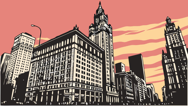 Columbus skyline vector featuring vintage cityscape of tall buildings in ohio suitable for citythemed designs, tourism promotions, and souvenirs.