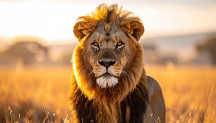 Majestic Male Lion with Golden Mane in Warm Sunset Light Standing in African Savanna Grassland with Soft Bokeh Background