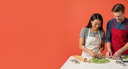 Happy multiethnic couple baking holiday cookies together. Young man and woman smiling while preparing festive treats against a red background with copy space