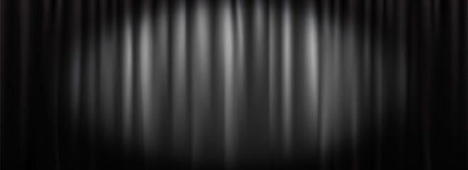 Fototapeta premium Black velvet curtain background. Closed curtains backdrop for theater stage or cinema, silent movie. Old Hollywood scene concept. Noir horror drapery wallpaper for award, show, performance. Vector