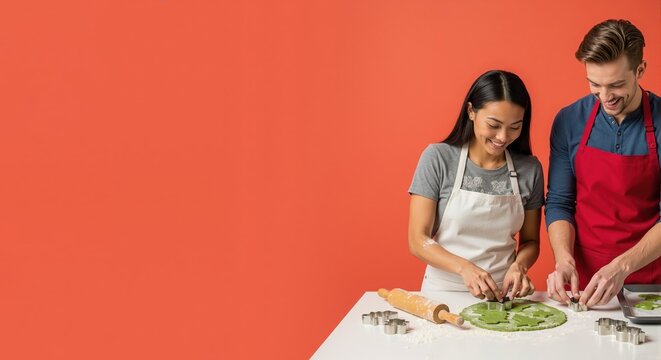 Happy multiethnic couple baking holiday cookies together. Young man and woman smiling while preparing festive treats against a red background with copy space - Powered by Adobe