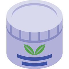 Light Purple Cosmetic Jar With Green Leaf Symbol And Blue Stripes Against White Background Isolated Studio Shot
