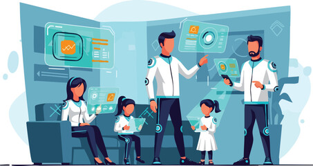 A futuristic family interacts with augmented reality interfaces in a modern, blue-toned living room, showcasing technological advancements and smart home concepts.