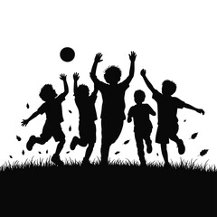 Children playing ball in grassy field jumping running