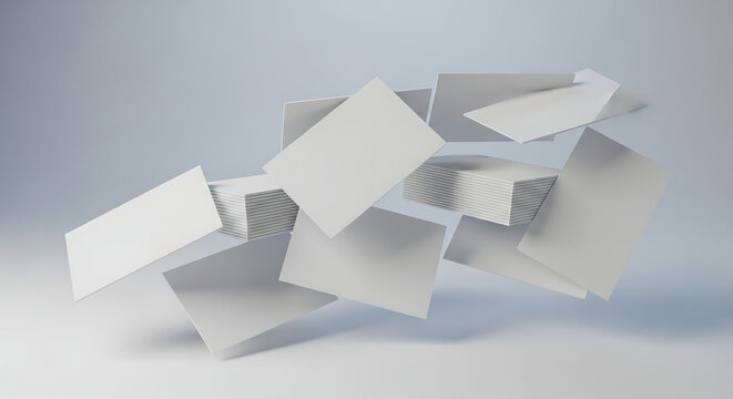 A 3D rendering of multiple empty white rectangular business cards scattered and floating in mid-air, a perfect mockup for corporate identity branding