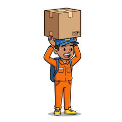 Cartoon boy postman character illustration of a kid delivery person with a parcel box for the business job