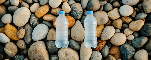 Two plastic water bottles resting on a bed of smooth, colorful pebbles.