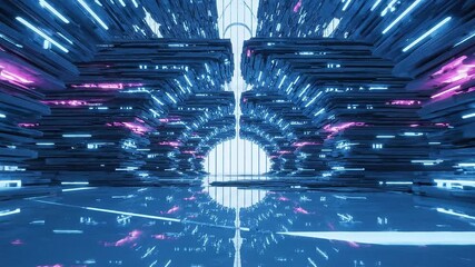 futuristic architectural corridor with glowing neon lights and reflective surfaces, a tunnel of digital art and technology - Powered by Adobe