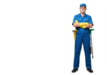 Fototapeta premium Confident janitor standing with arms crossed, prepared for cleaning duties